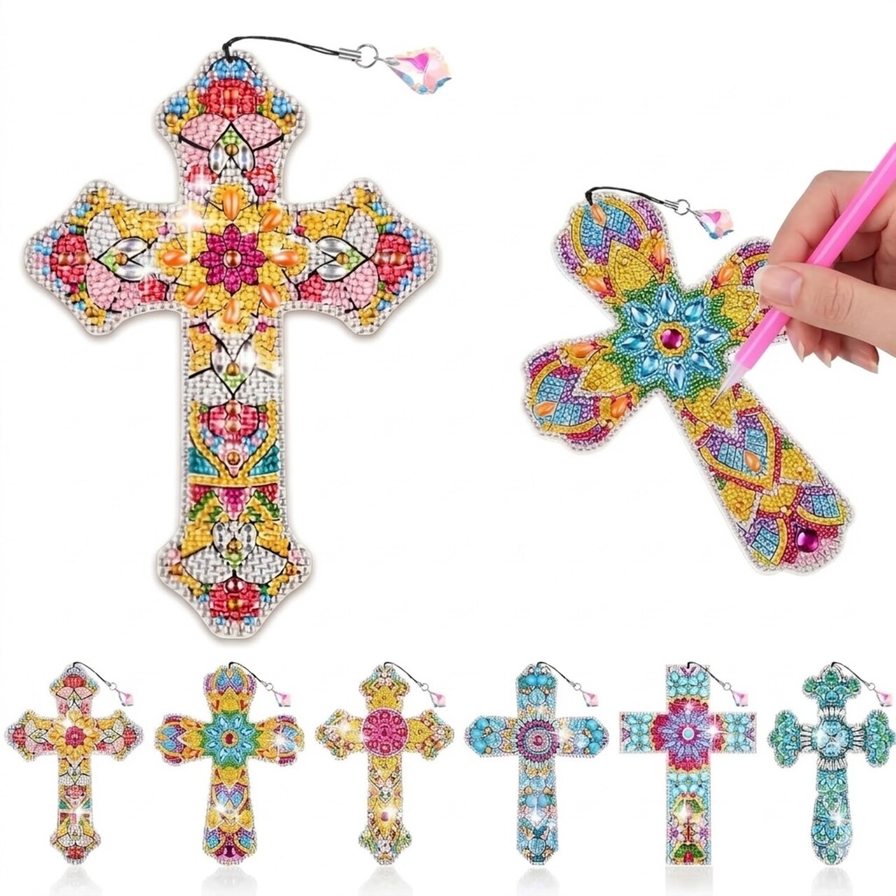 6 Pcs Cross 5d Diamond Art Bookmarks for Adult DIY Painting Kit Christmas Religious Christians Gifts Crystal Cross Diamond Bookmarks for Reading Lover Home Office DIY Crafts, 6 Styles